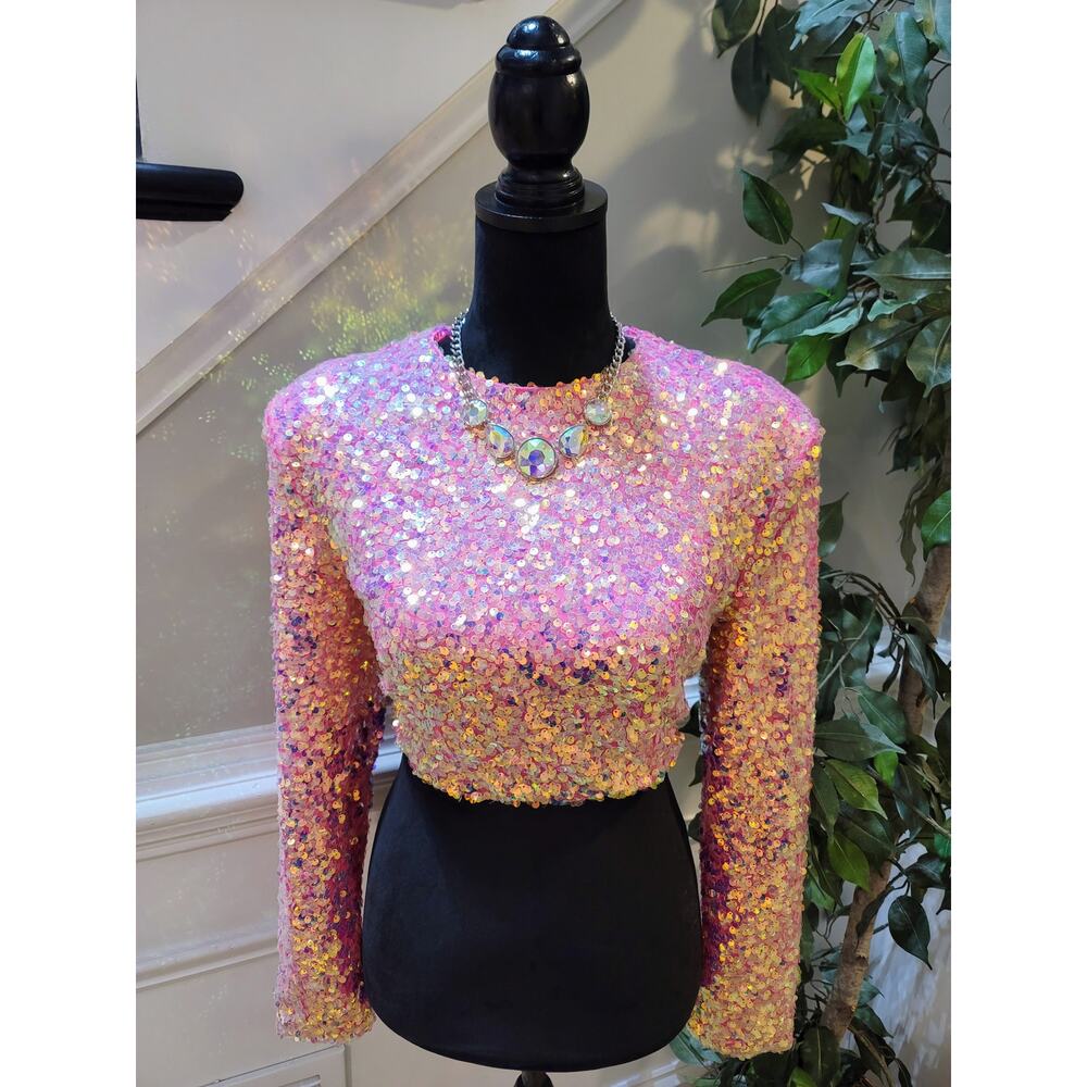 Mable Crop Blouse Women's Medium Pink Sequin Crew Long Sleeve Back Zip Party